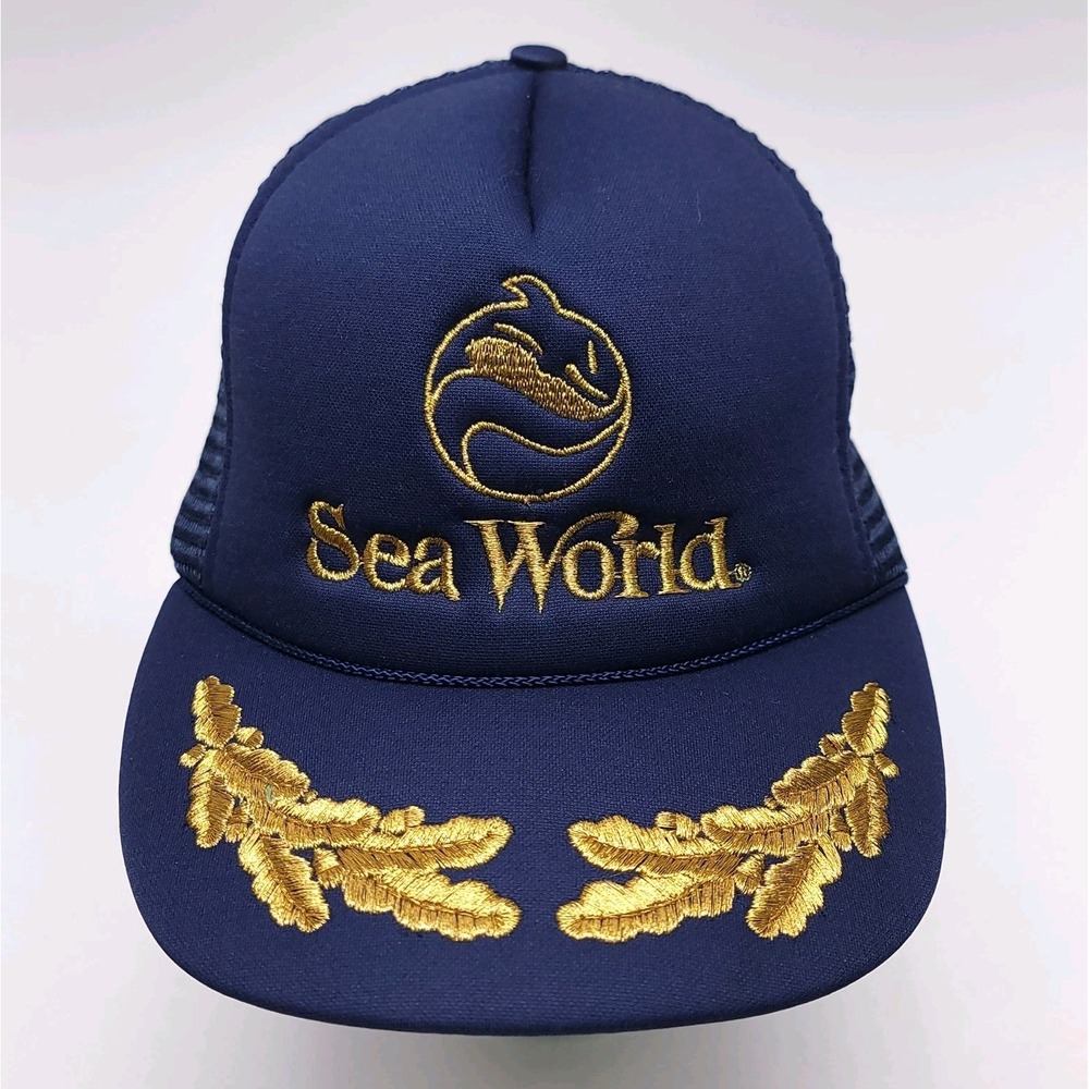 Vtg Sea World Orca Hat Snapback Trucker Rope Embroidered Blue Gold‎ Killer Whale